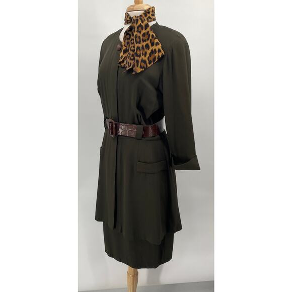 Vintage 80s Layered Blazer Dress Buckle Belted Midi Leopard Print Scarf Green 10 - Picture 5 of 9